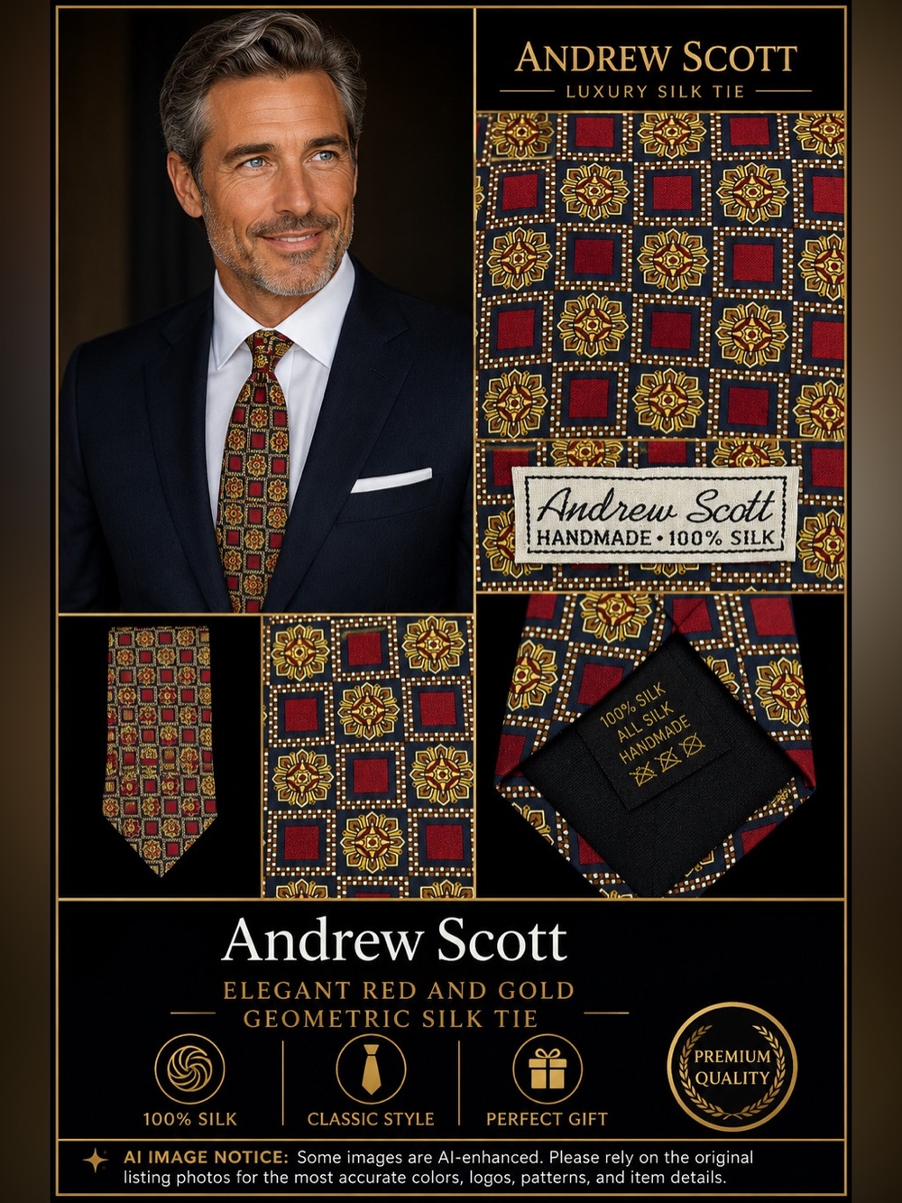 Elegant Red and Gold Geometric Silk Tie